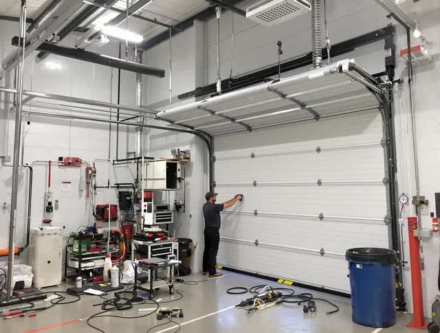 Griswold Garage Door Repair certified technician performing commercial door repair at a Griswold business facility