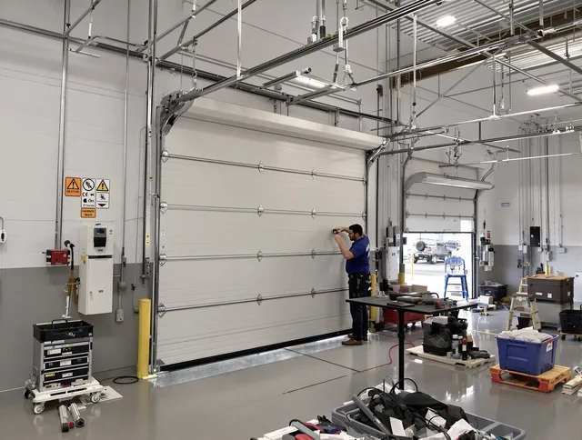 Commercial garage door repair being performed by Griswold Garage Door Repair expert in Griswold