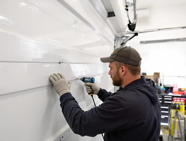 Griswold Garage Door Repair technician demonstrating precision dent removal techniques on a Griswold garage door