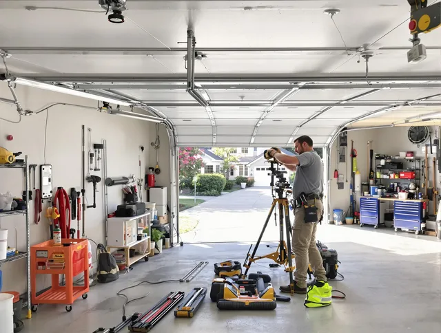 Griswold Garage Door Repair specialist performing laser-guided track alignment in Griswold